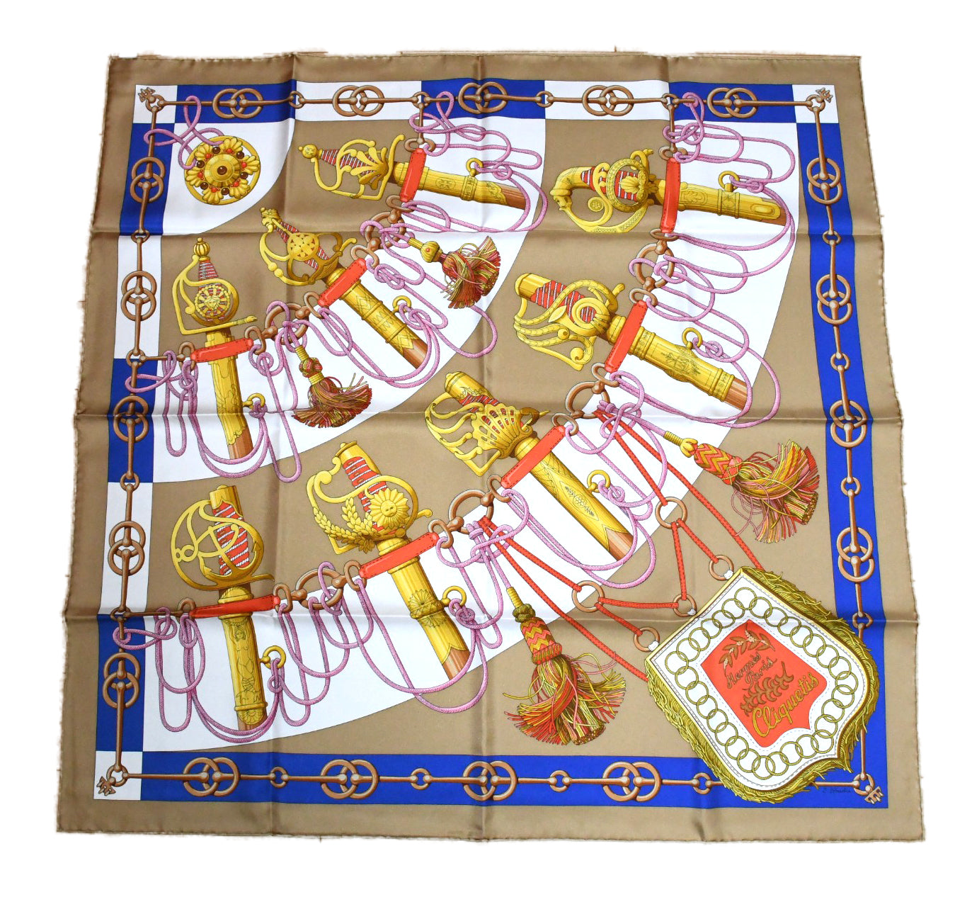 Hermes Scarf Cliquetis 90 cm silk blue beige Carre key chain 35