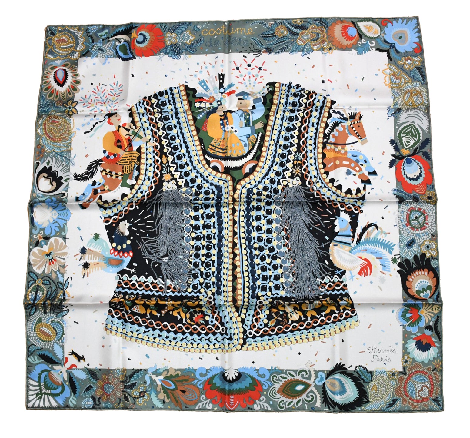 Hermes カレ Costume de Fete コスチュームドゥフェット Hermes Scarf Costume de Fete by Jan Bajtlik 90 cm silk green Carre