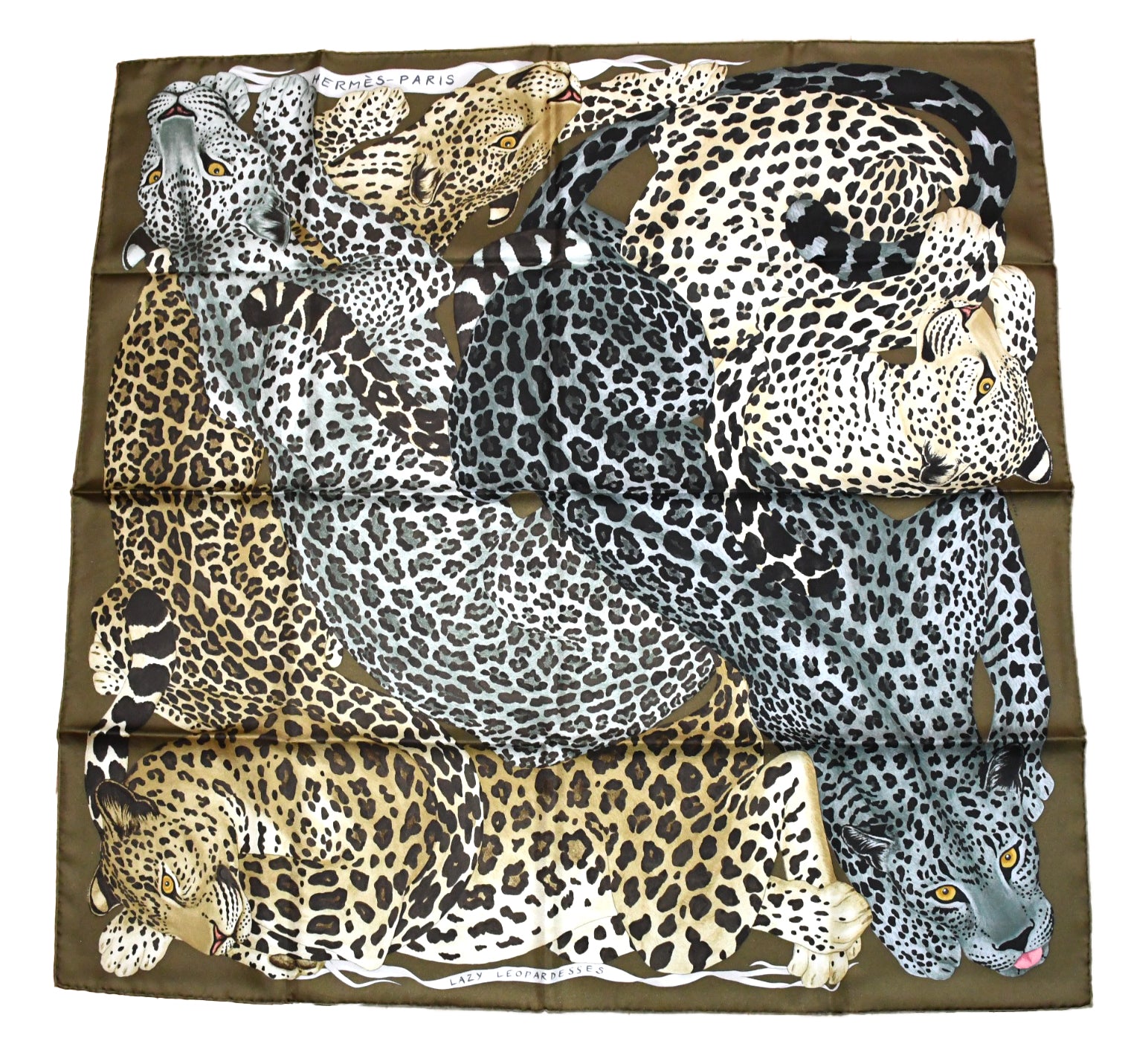 Hermes Scarf Lazy Leopardesses 90 cm silk khaki green Carre