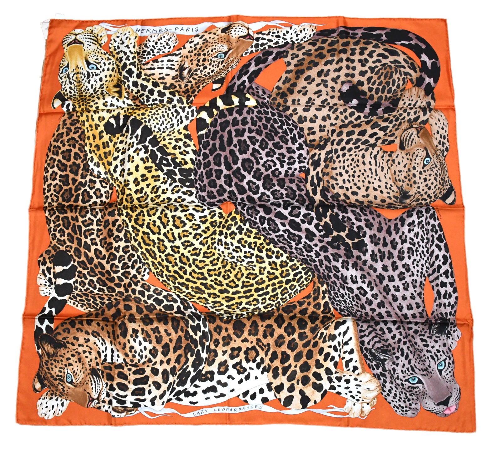 Hermes Scarf Lazy Leopardesses 90 cm silk orange Carre leopard