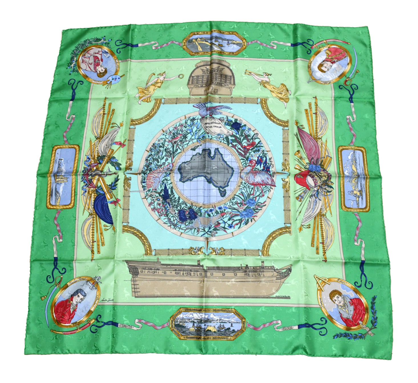 Hermes Scarf Le Geographe 90 cm silk green geography Carre map 35