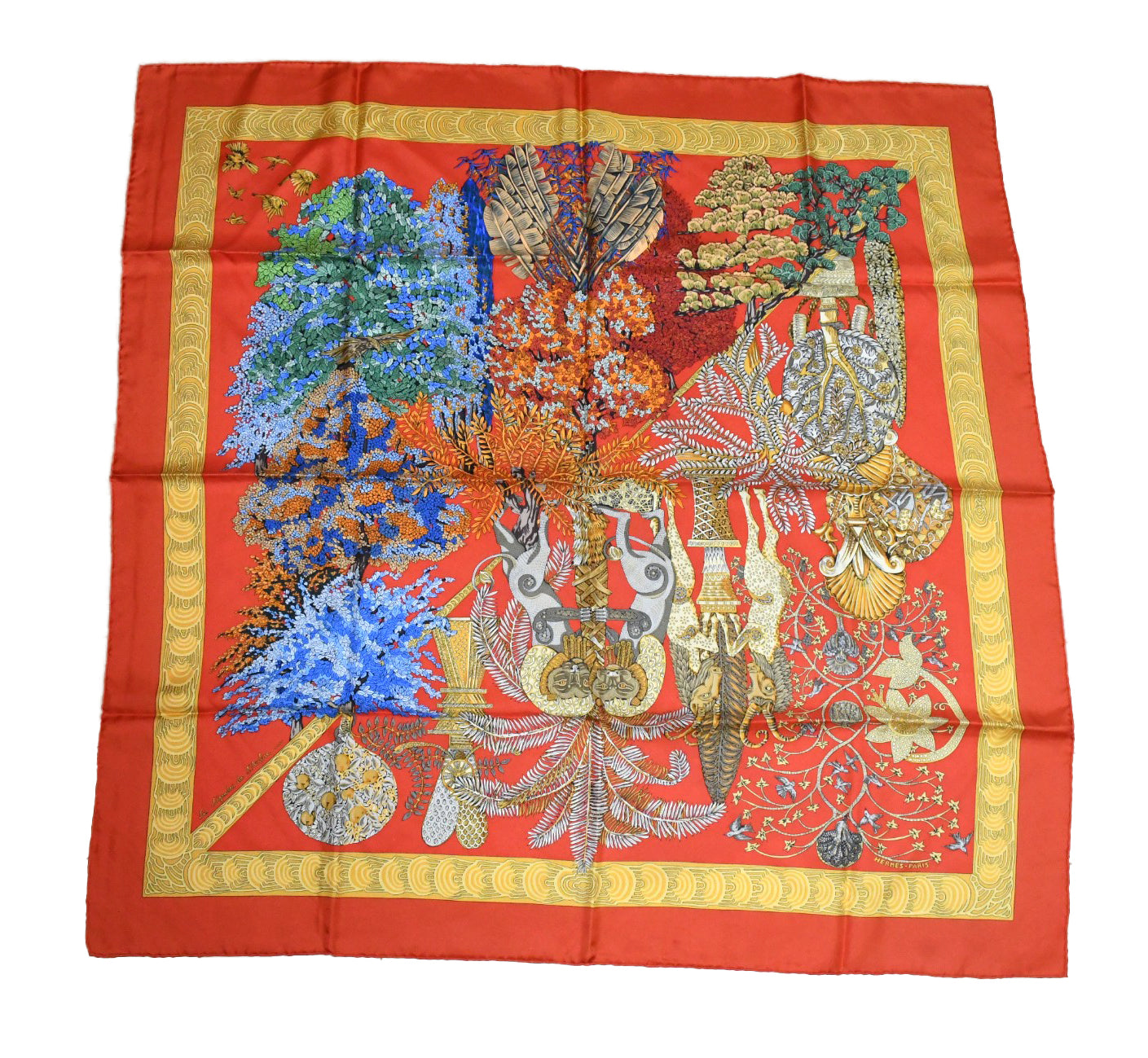 Hermes Scarf Les legendes de l'Arbre 90 cm silk orange red Carre