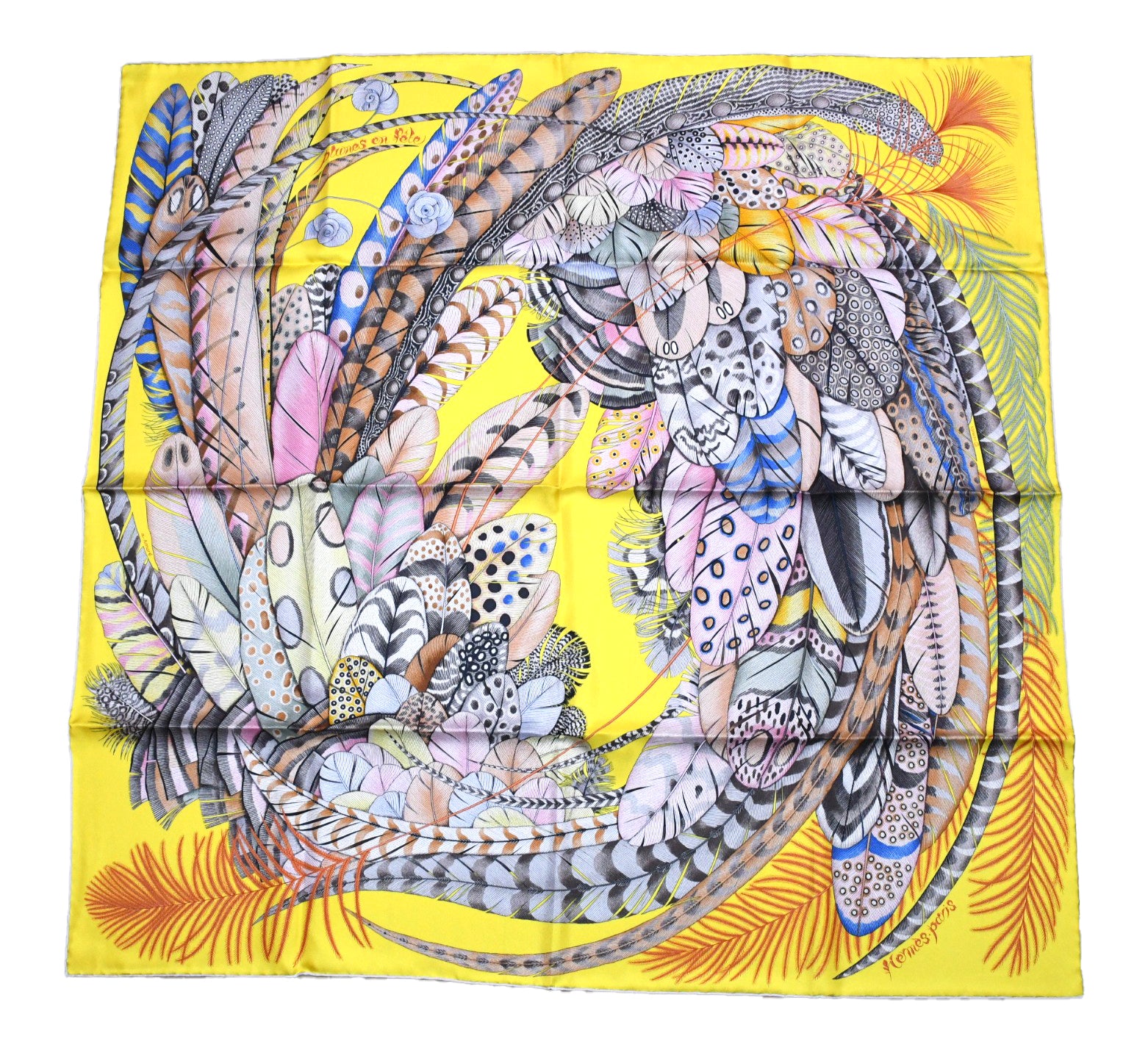 HERMÈS PLUMES シルクスカーフ Hermes Scarf Plumes en Fete 90 cm silk yellow Carre bird feather