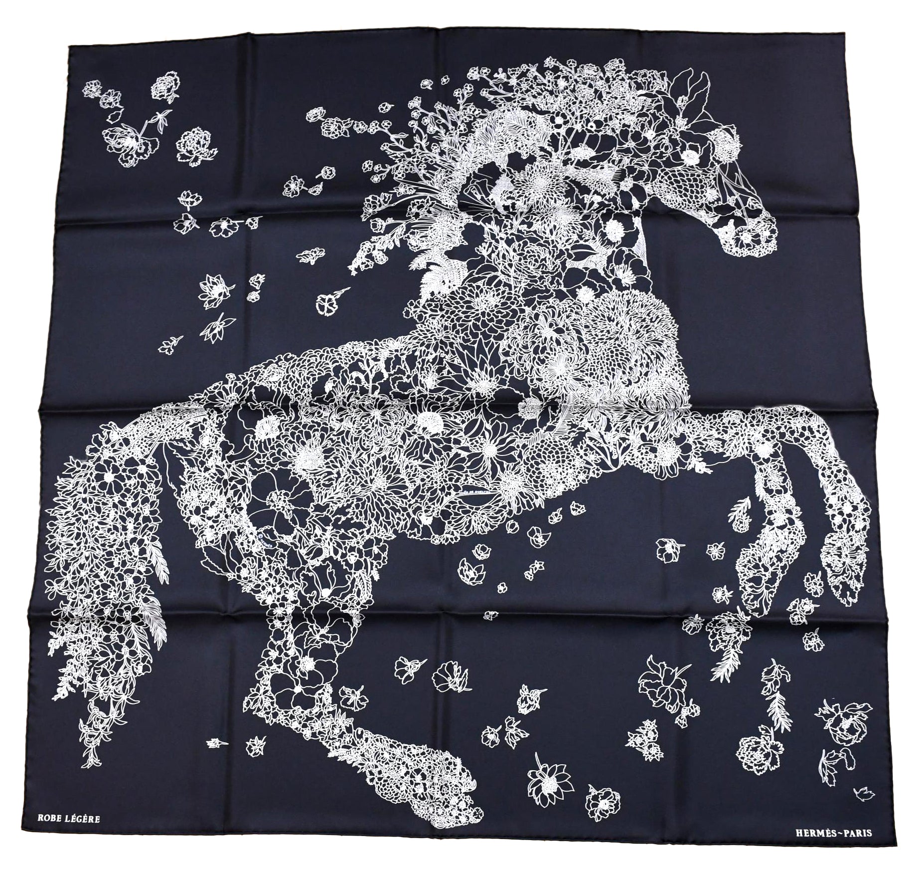 Hermes Scarf Robe Legere 90 cm silk black Carre flower horse 35