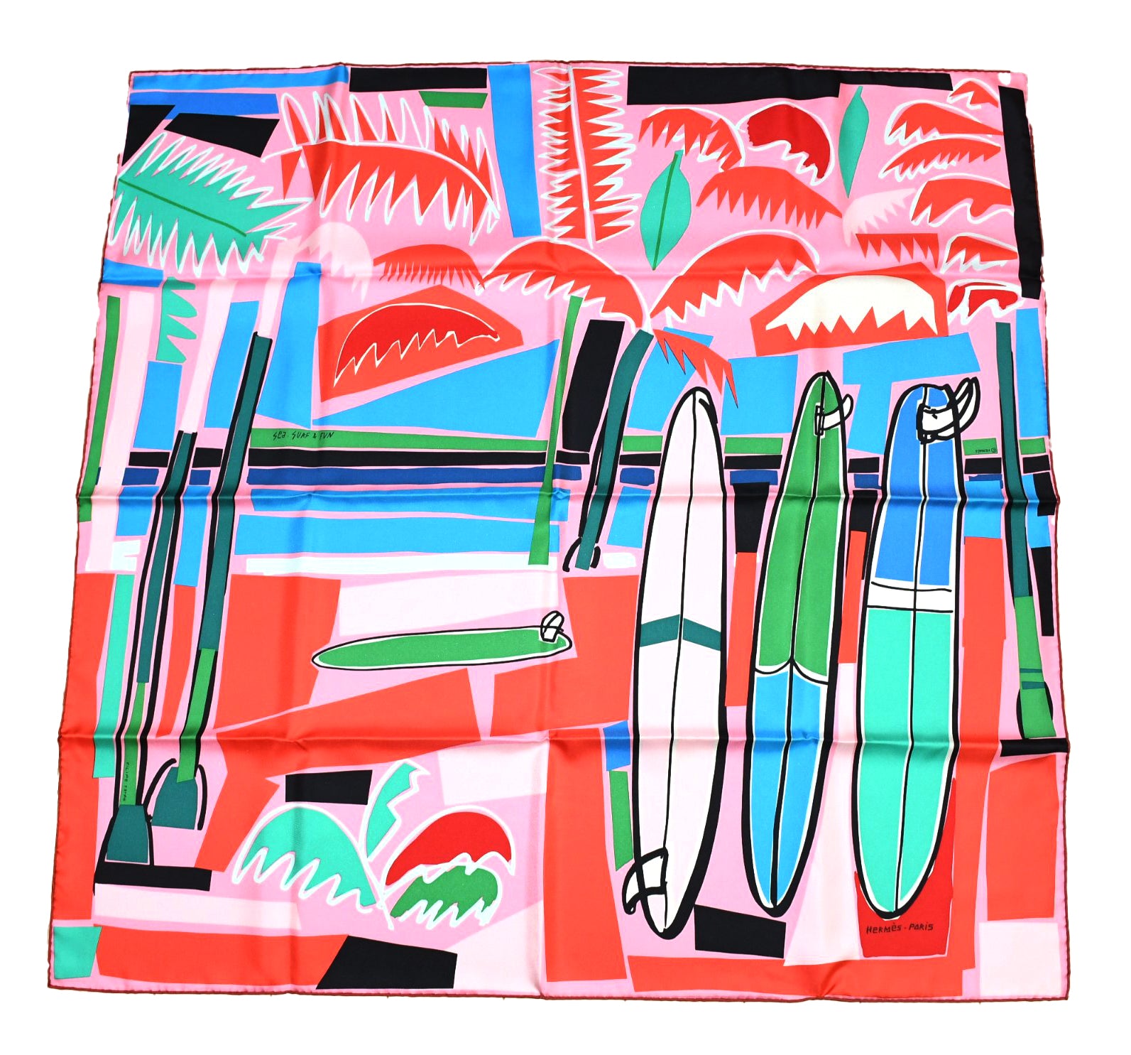 Hermes Scarf Sea Surf and Fun 90 cm silk pink Carre surfboard