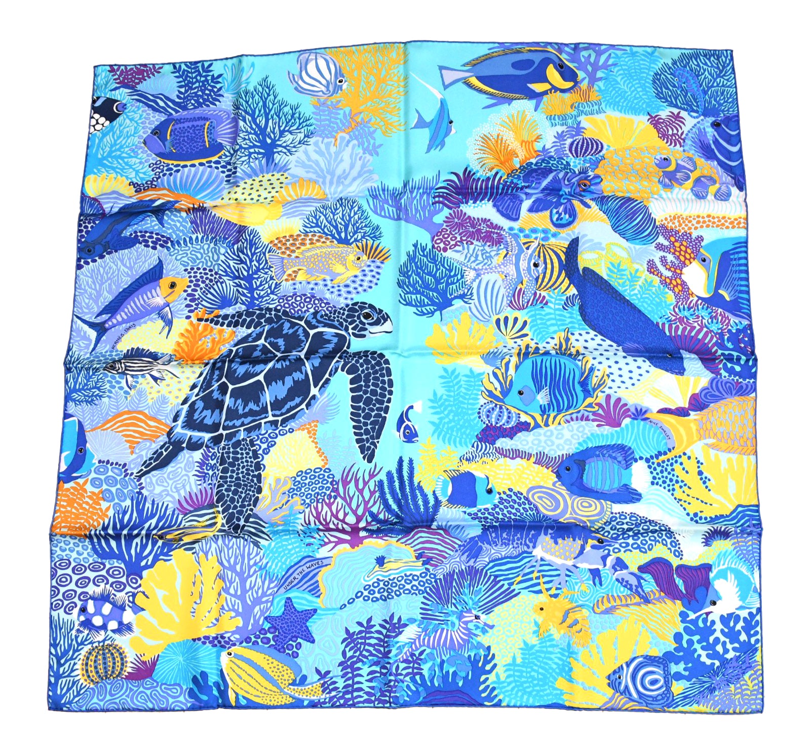 Hermes Scarf Under The Waves 90 cm silk blue Carre sea turtle 35
