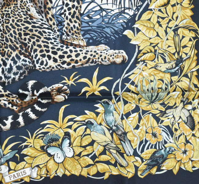 Hermes Scarf Jungle Love Black Silk Robert Dallet 90 Cm Animal Leopard 