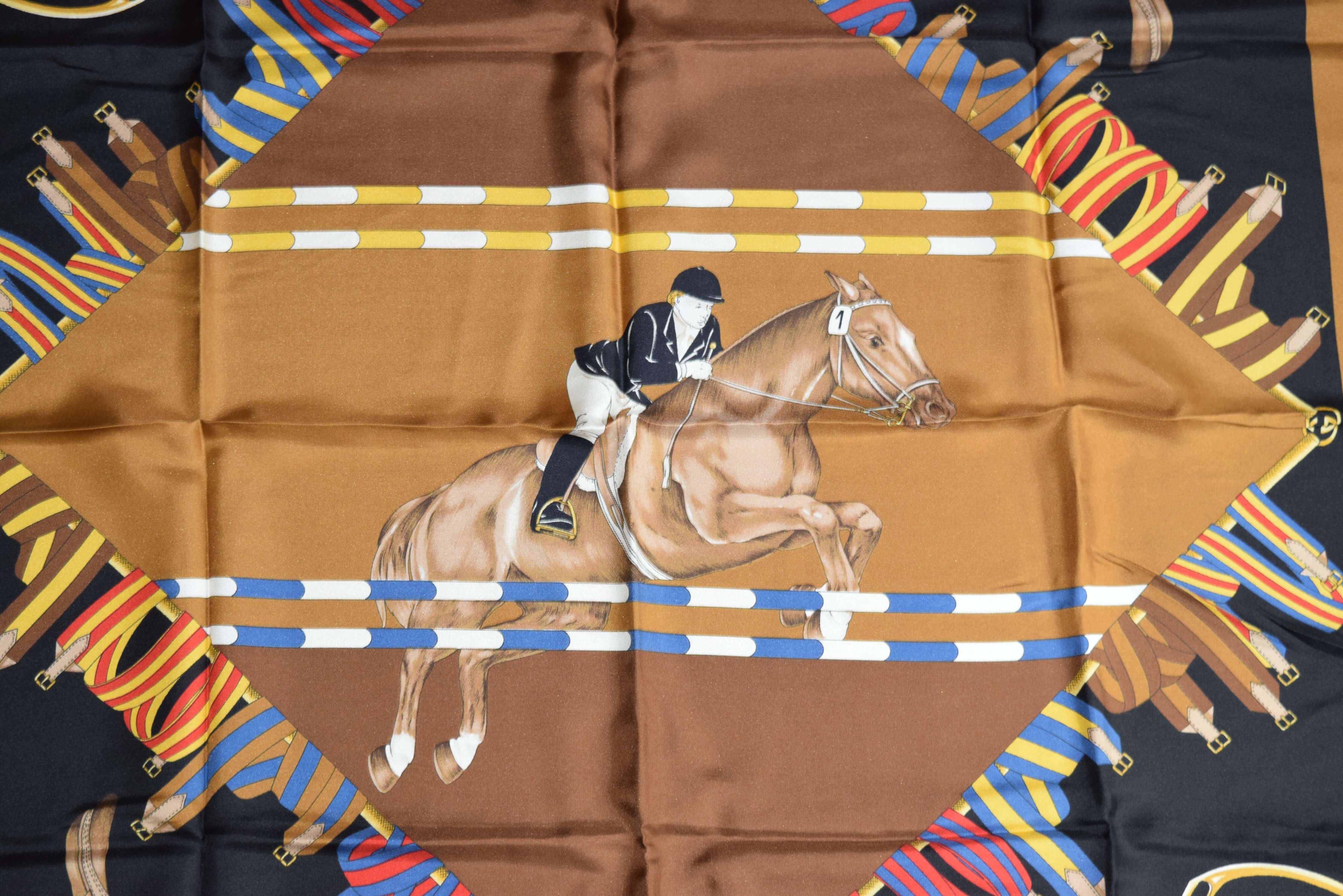 Gucci Vintage Scarf Horse riding 87 cm Silk Brown 34" inch shawl art