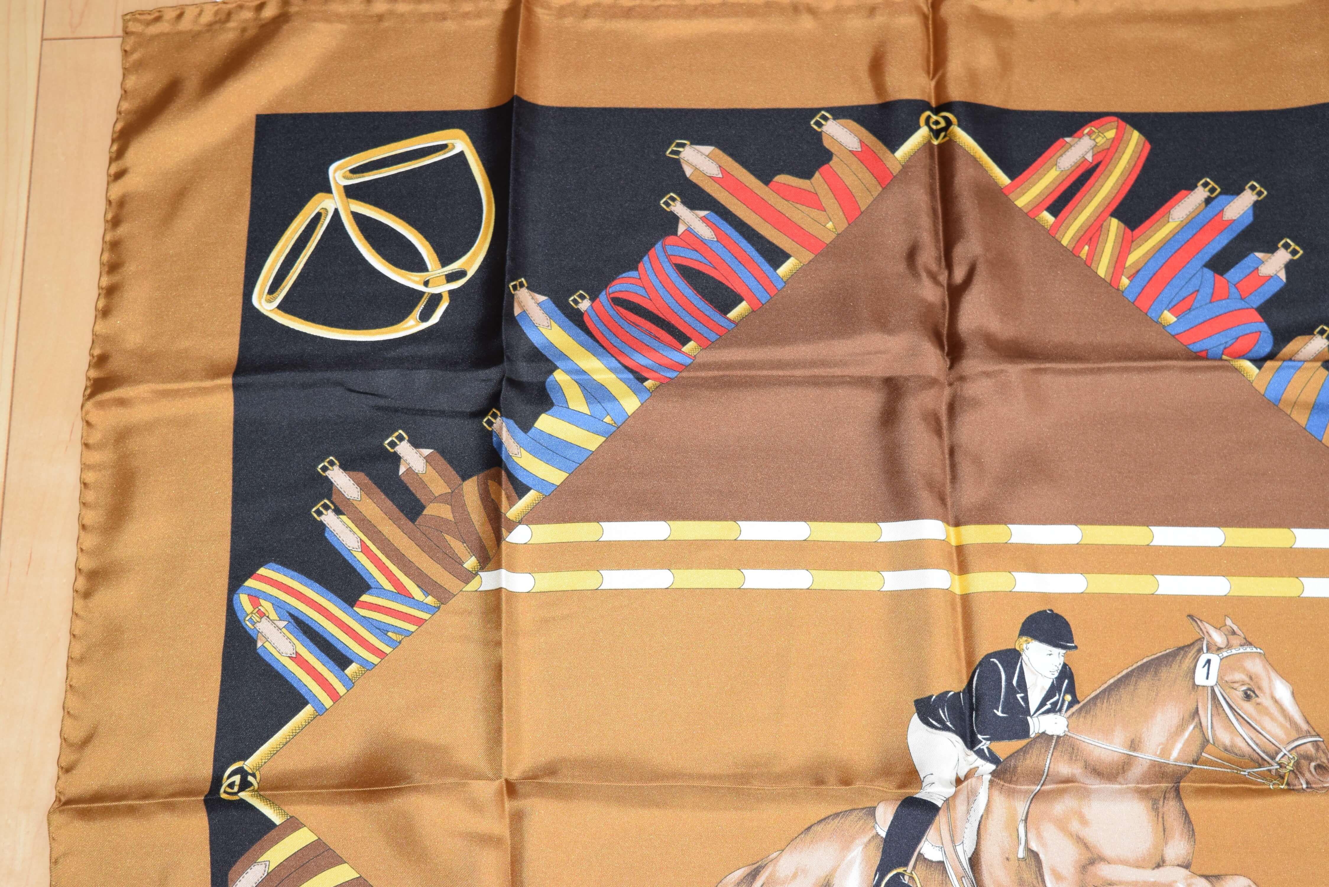 Gucci Vintage Scarf Horse riding 87 cm Silk Brown 34" inch shawl art