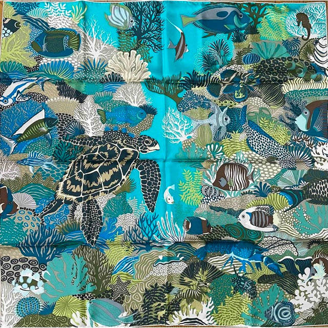 Hermes Scarf Under The Waves 90 cm silk green Carre turtle fish sea 35"