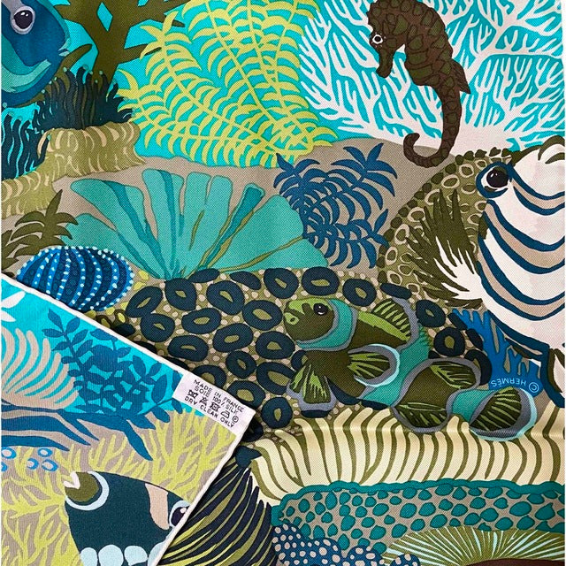 Hermes Scarf Under The Waves 90 cm silk green Carre turtle fish sea 35"