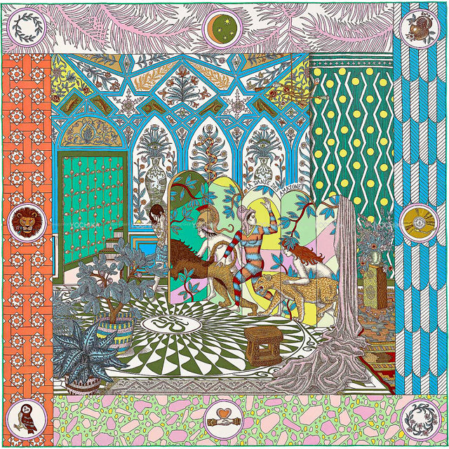 Hermes Scarf La Danse des Amazones 90 cm Silk VERT D EAU rose Carre dance 35"