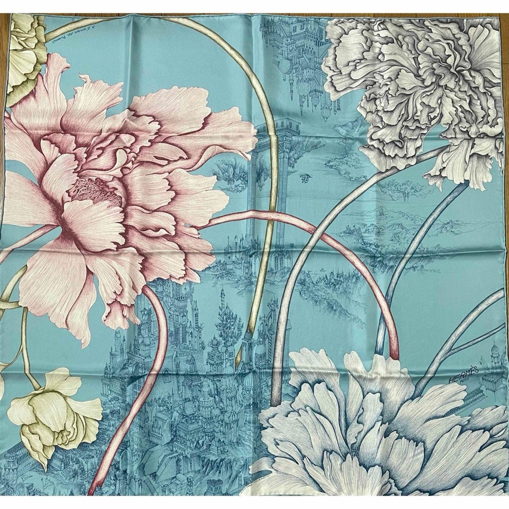 Hermes Scarf A l'Ombre des Pivoines 90 cm silk gray blue Carre shadow flower