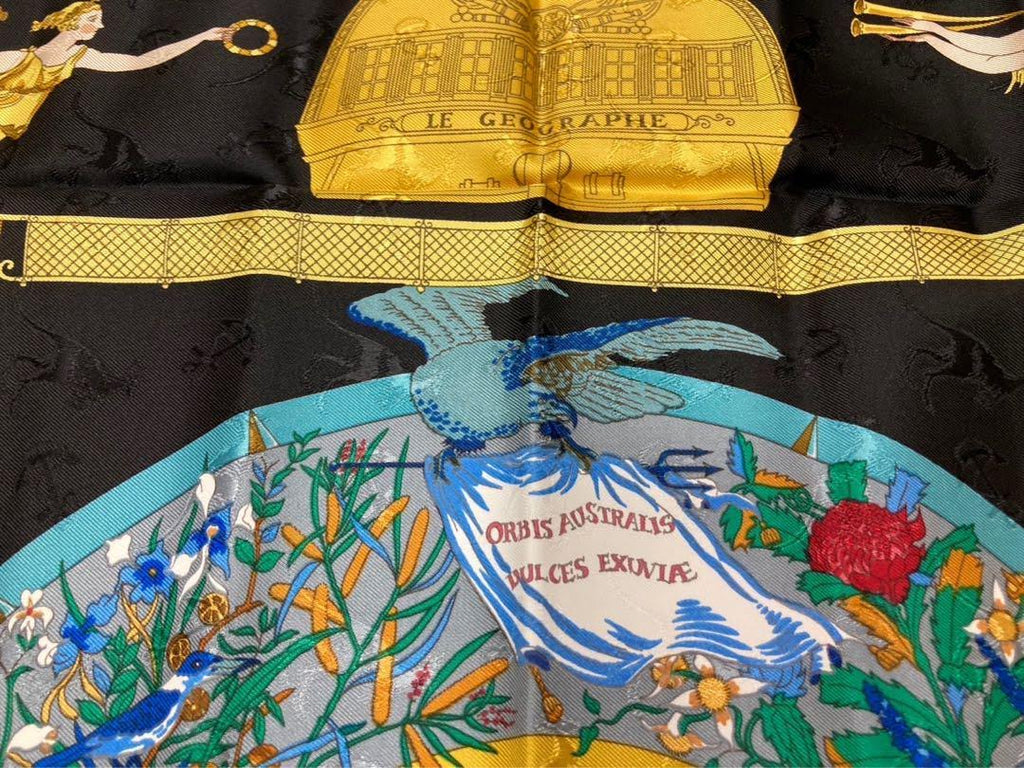 Hermes Scarf Le Geographe Silk 90 cm Black geography Carre