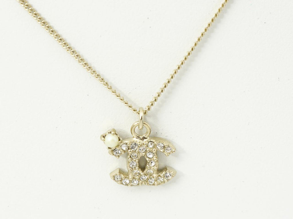 CHANEL Pendant Necklace CC Logo light Gold baby pearl silver rhinestone 09A w/ Box