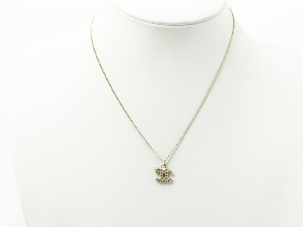 CHANEL Pendant Necklace CC Logo light Gold baby pearl silver rhinestone 09A w/ Box