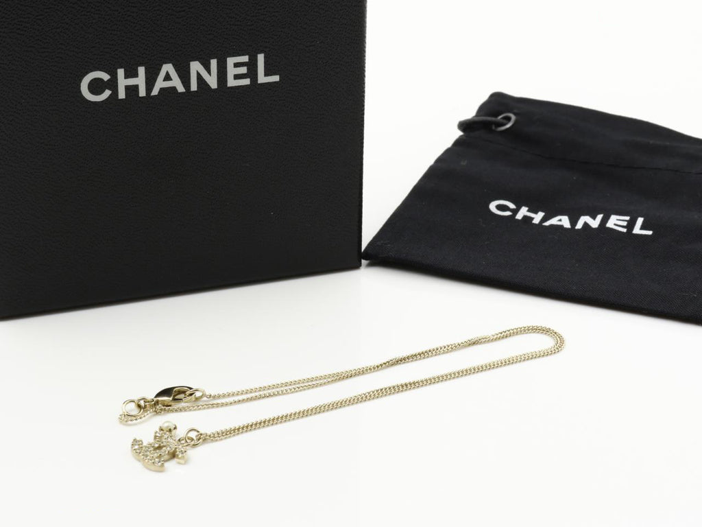 CHANEL Pendant Necklace CC Logo light Gold baby pearl silver rhinestone 09A w/ Box