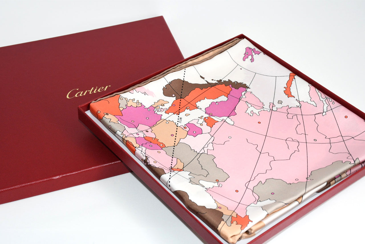 Cartier Scarf World Map 90 cm silk pink ship Foulard 35"