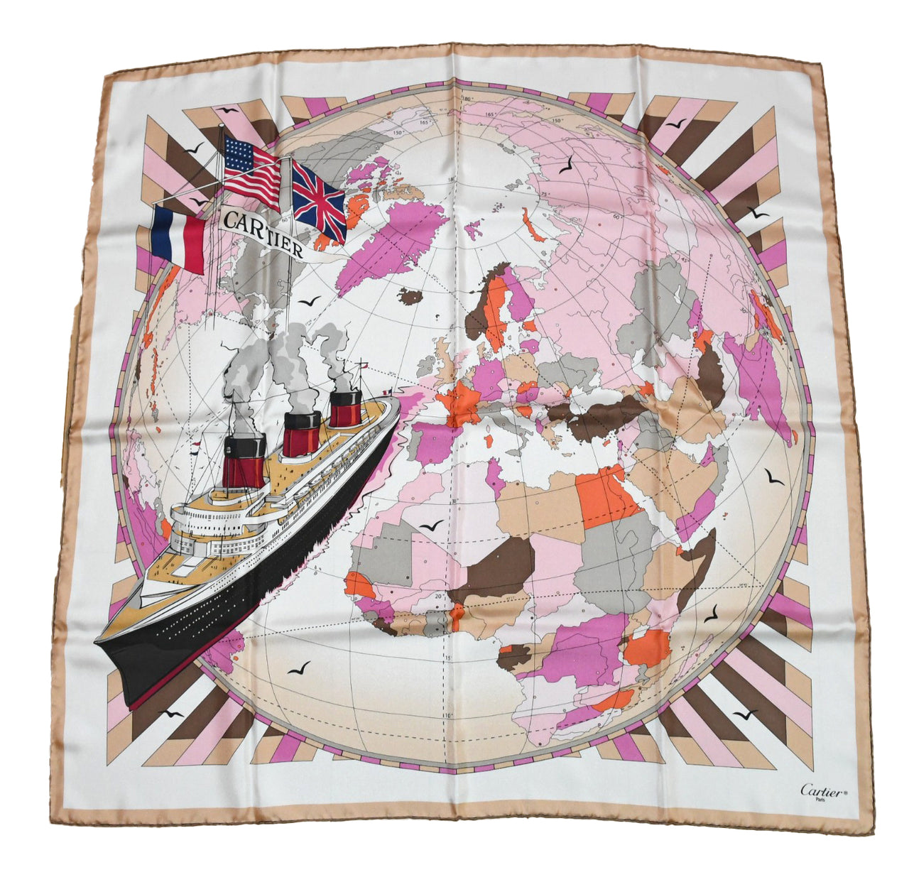 Cartier Scarf World Map 90 cm silk pink ship Foulard 35"