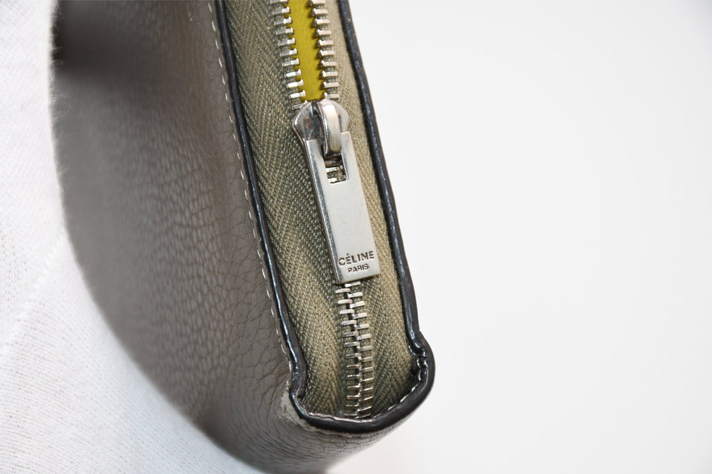 Celine Long Wallet Zip Around Leather gray beige yellow logo purse