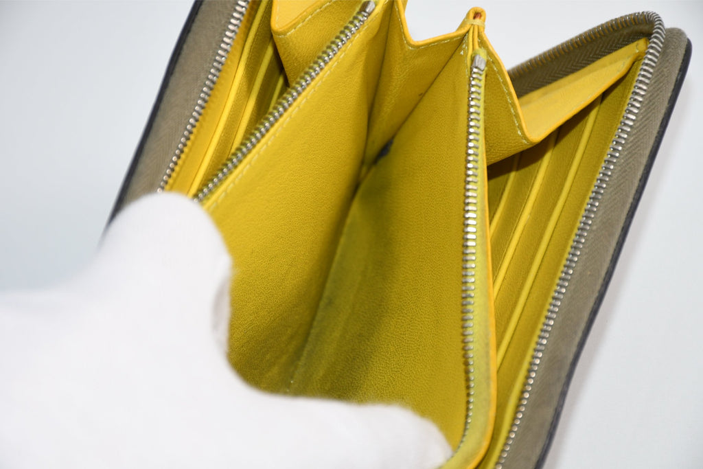 Celine Long Wallet Zip Around Leather gray beige yellow logo purse