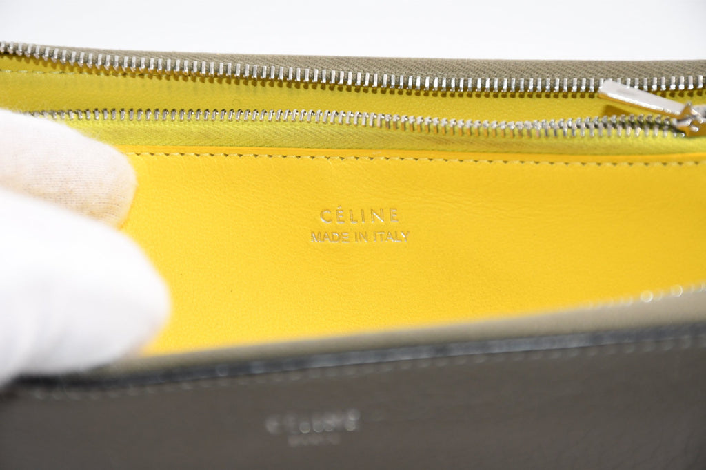 Celine Long Wallet Zip Around Leather gray beige yellow logo purse