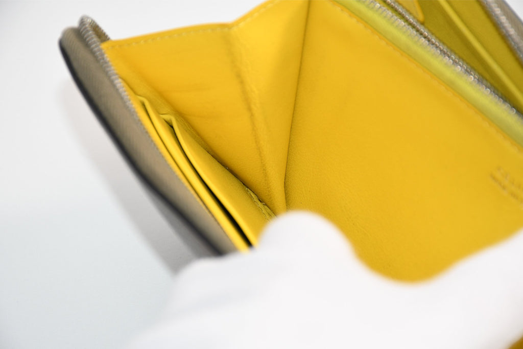 Celine Long Wallet Zip Around Leather gray beige yellow logo purse