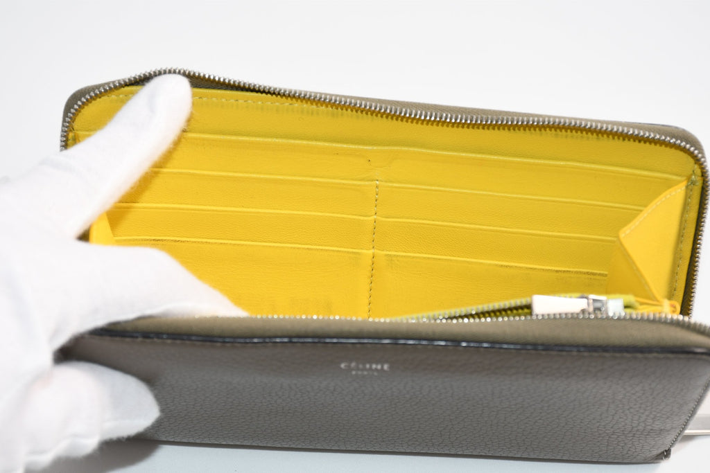 Celine Long Wallet Zip Around Leather gray beige yellow logo purse