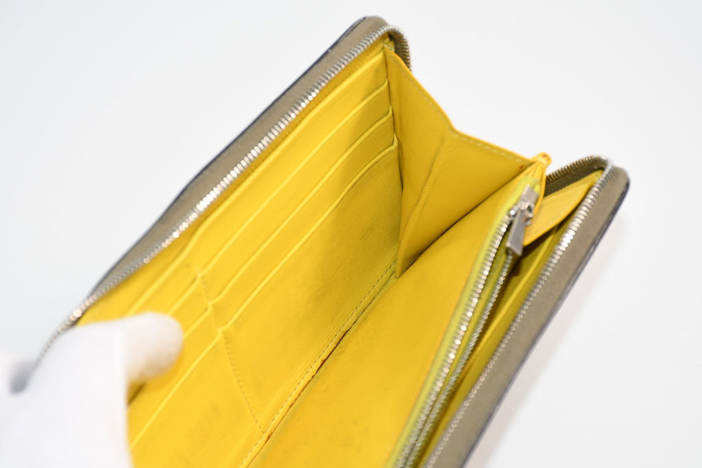 Celine Long Wallet Zip Around Leather gray beige yellow logo purse