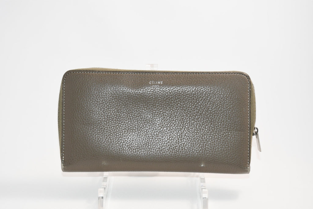 Celine Long Wallet Zip Around Leather gray beige yellow logo purse
