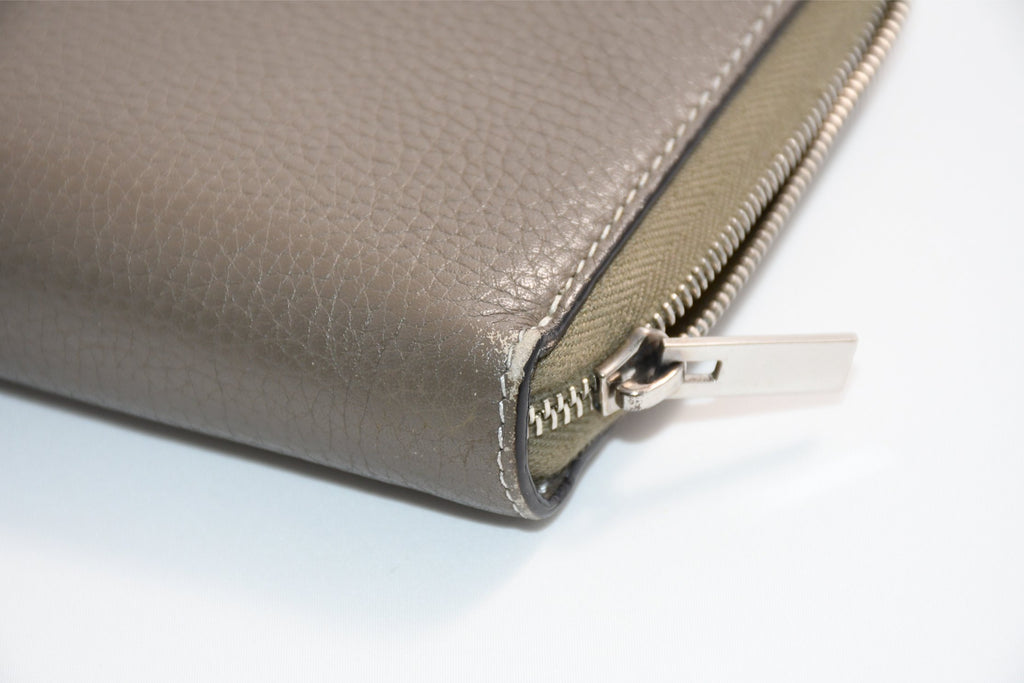 Celine Long Wallet Zip Around Leather gray beige yellow logo purse