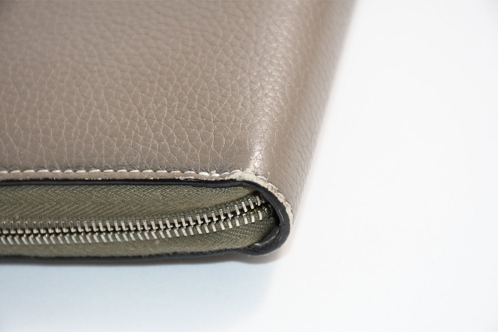 Celine Long Wallet Zip Around Leather gray beige yellow logo purse