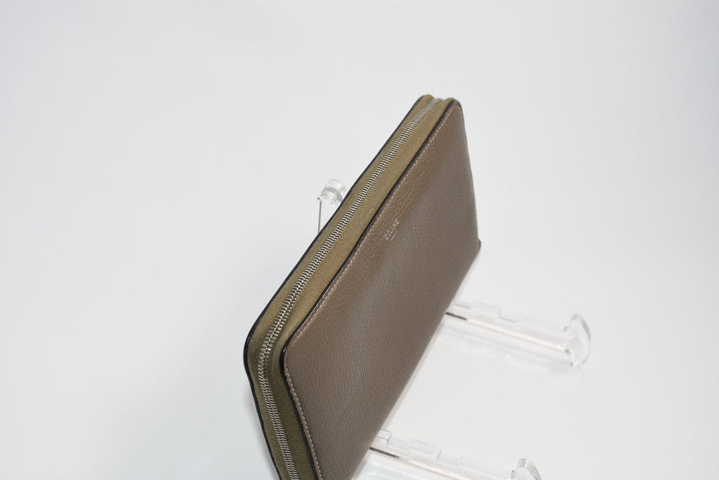 Celine Long Wallet Zip Around Leather gray beige yellow logo purse