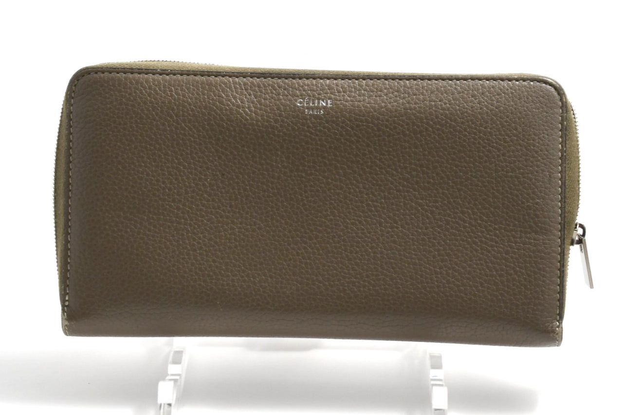 Celine Long Wallet Zip Around Leather gray beige yellow logo purse