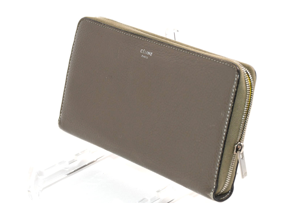 Celine Long Wallet Zip Around Leather gray beige yellow logo purse