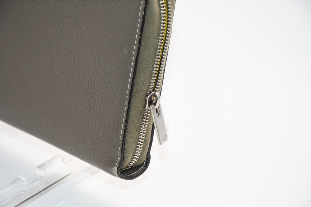 Celine Long Wallet Zip Around Leather gray beige yellow logo purse