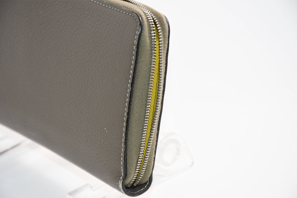 Celine Long Wallet Zip Around Leather gray beige yellow logo purse
