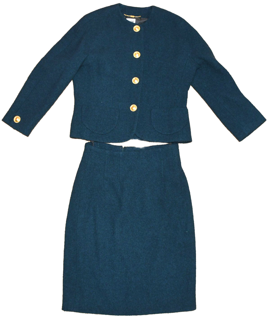 Celine Wool Jacket Skirt Suit Outfit Women's Set up blue green Size 44 US 12