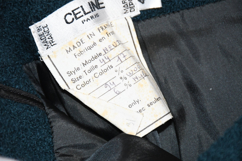 Celine Wool Jacket Skirt Suit Outfit Women's Set up blue green Size 44 US 12