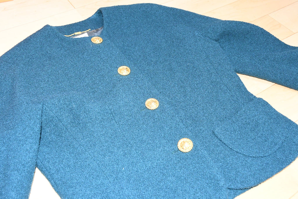 Celine Wool Jacket Skirt Suit Outfit Women's Set up blue green Size 44 US 12