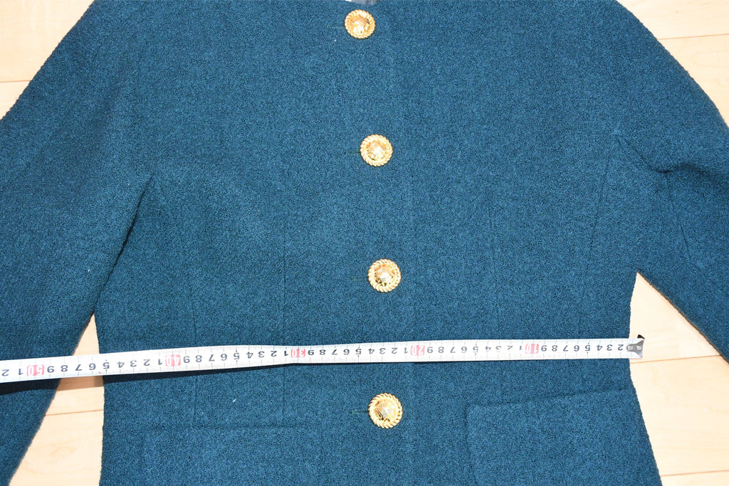 Celine Wool Jacket Skirt Suit Outfit Women's Set up blue green Size 44 US 12