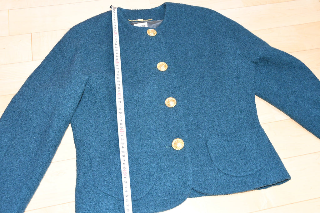 Celine Wool Jacket Skirt Suit Outfit Women's Set up blue green Size 44 US 12