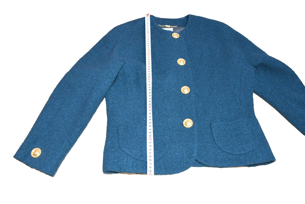 Celine Wool Jacket Skirt Suit Outfit Women's Set up blue green Size 44 US 12