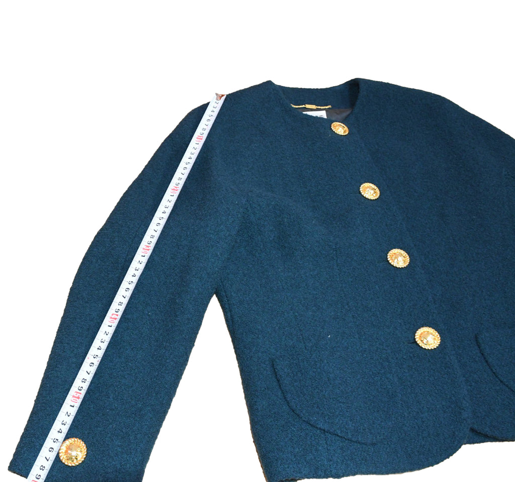 Celine Wool Jacket Skirt Suit Outfit Women's Set up blue green Size 44 US 12