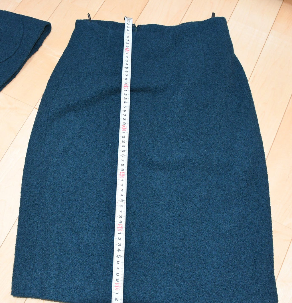 Celine Wool Jacket Skirt Suit Outfit Women's Set up blue green Size 44 US 12