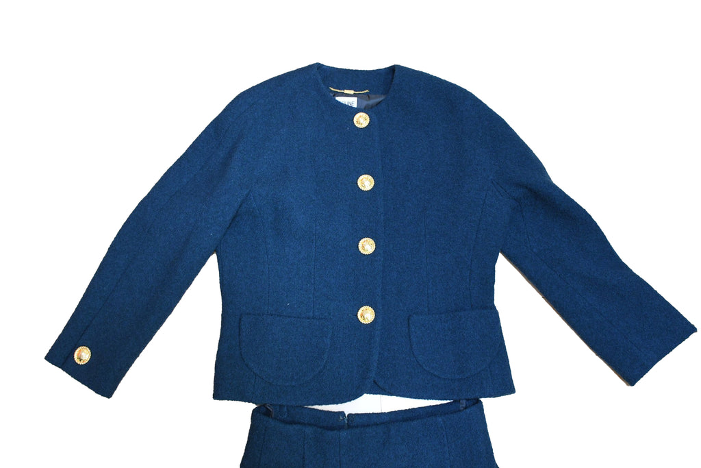 Celine Wool Jacket Skirt Suit Outfit Women's Set up blue green Size 44 US 12