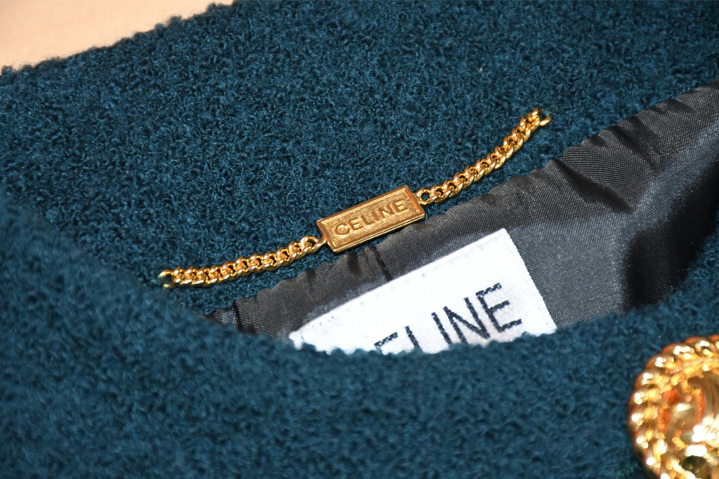 Celine Wool Jacket Skirt Suit Outfit Women's Set up blue green Size 44 US 12