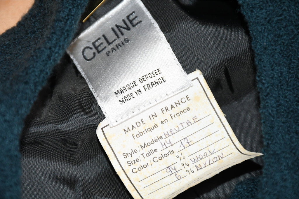 Celine Wool Jacket Skirt Suit Outfit Women's Set up blue green Size 44 US 12