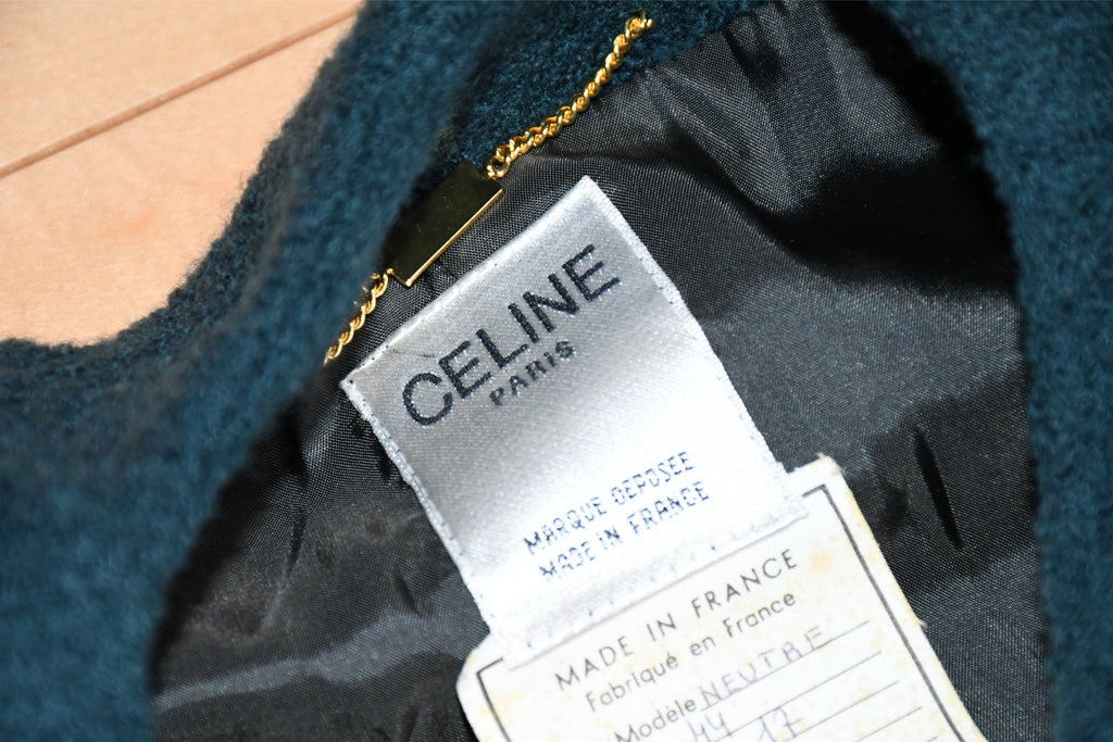 Celine Wool Jacket Skirt Suit Outfit Women's Set up blue green Size 44 US 12