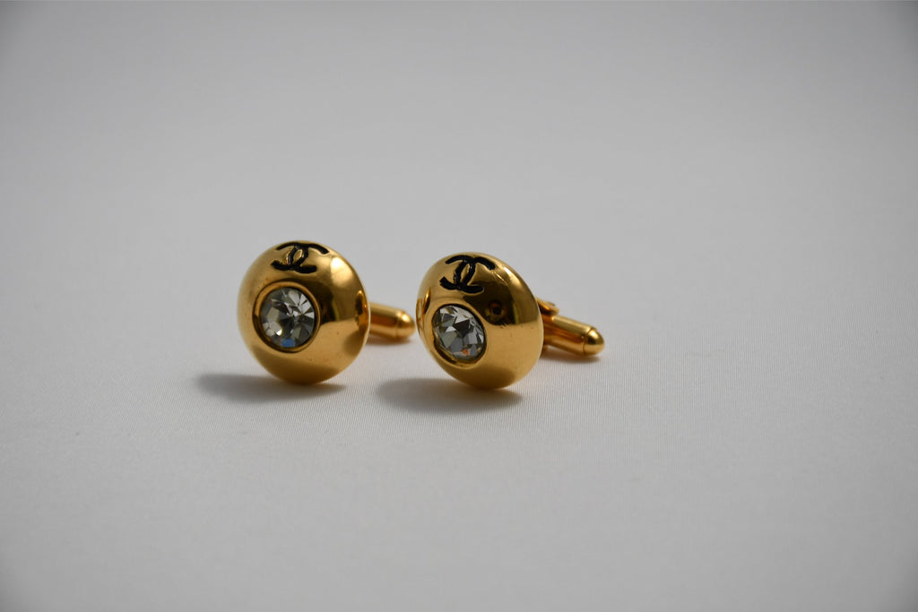Chanel Cufflinks GP gold logo silver crystal Good